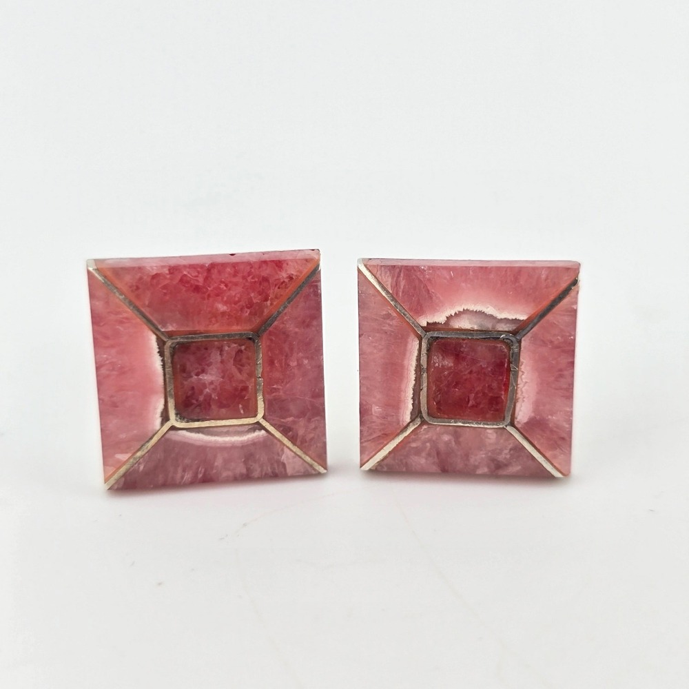 950 Fine Silver MCM (Rhodochrosite?) Stone Inlay Cufflinks